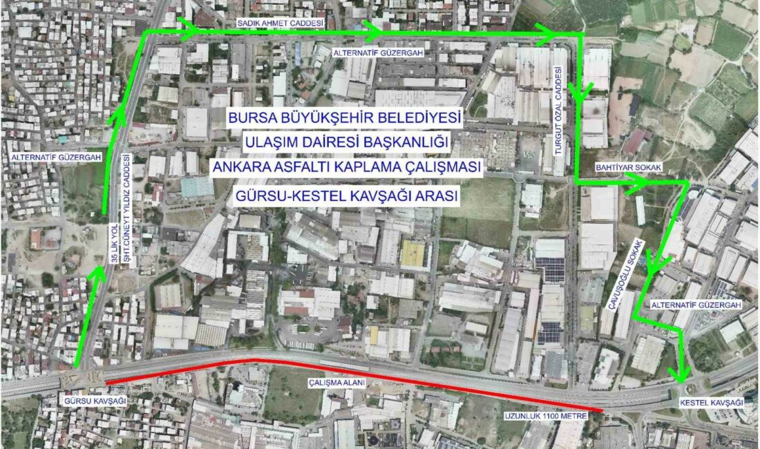 Gürsu ile Kestel arasında trafik düzenlemesi Bursa Büyükşehir Belediyesi tarafından, asfalt yenileme çalışmaları kapsamında Gürsu ile