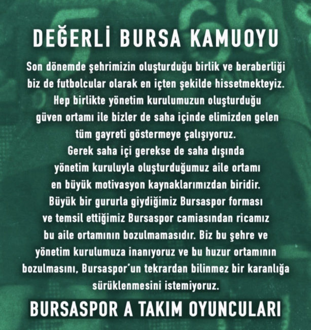 Bursasporlu futbolcular ortak açıklama yaptı TFF 2'nci Lig Beyaz Grup'ta mücadele eden Bursasporlu futbolcular, olağanüstü