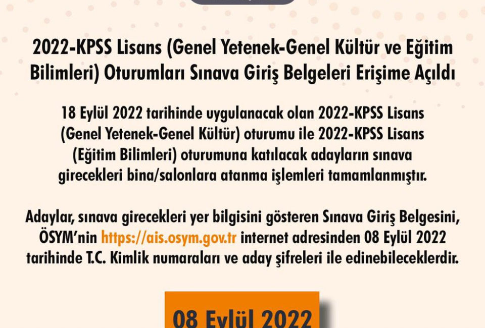KPSS sınav giriş belgeleri erişime açıldı Ölçme, Seçme ve Yerleştirme Merkezi (ÖSYM) Başkanlığı'ndan yapılan açıklamaya göre