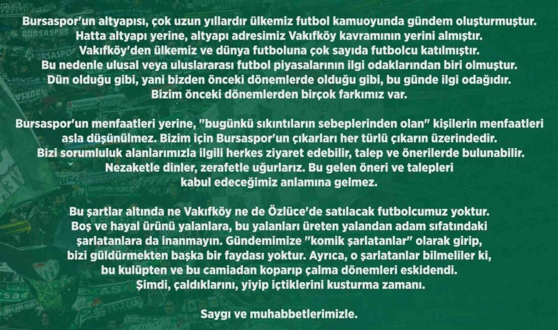 Bursaspor Kulübü: “Satılacak futbolcumuz yok” BURSASPOR'DAN YAPILAN AÇIKLAMA BU ŞEKİLDE.