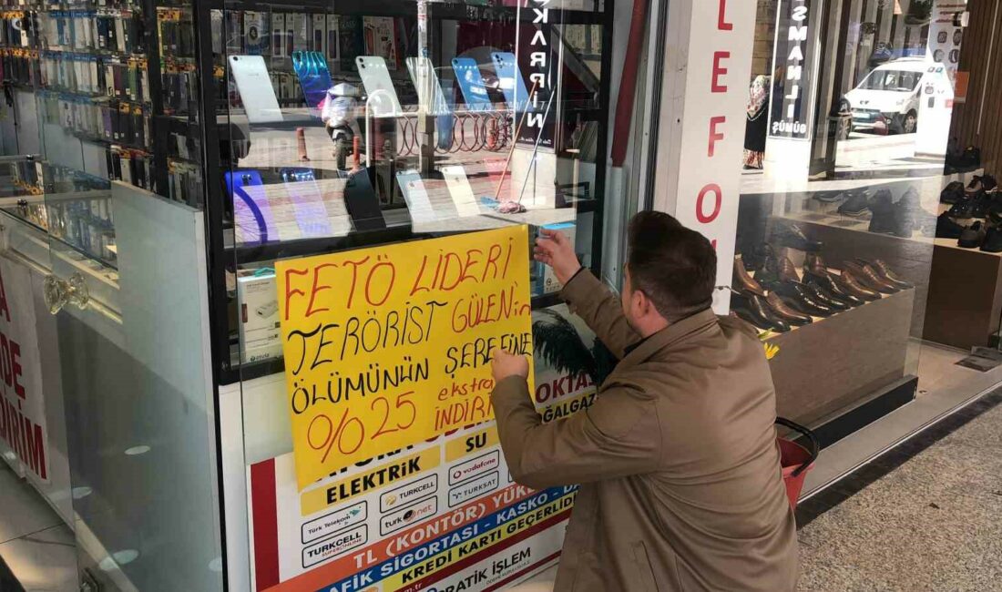 Terör Örgütü FETÖ elebaşının ölümüne indirim kampanyası yaptı İNEGÖL BAYRAK TELEKOM TEKNİK SERVİS İŞLETMECİSİ SÜLEYMAN BAYRAK, İŞYERİNİN CAMINA