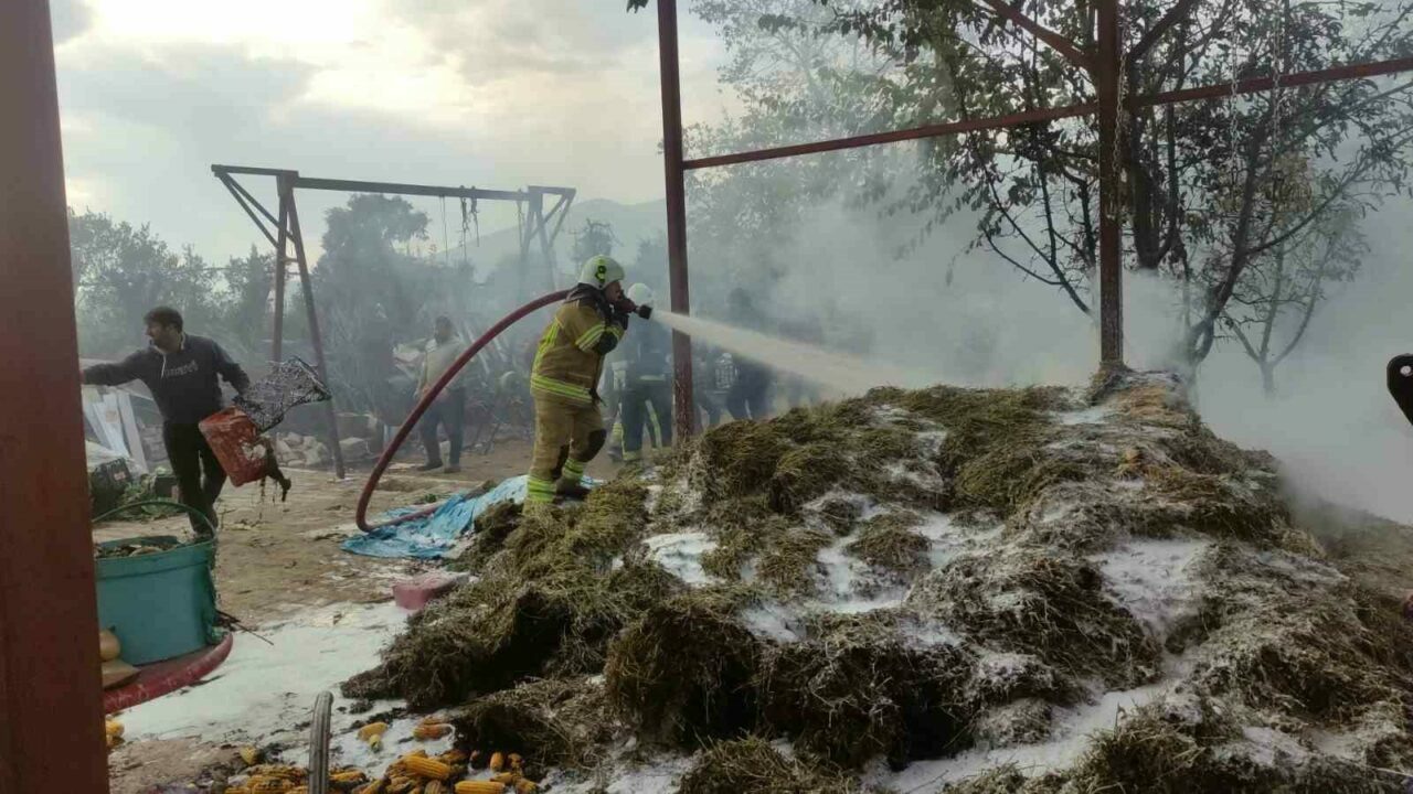 Bahçedeki samanlar alev alev yandı Bursa’nın Orhangazi ilçesinde bir evin bahçesinde bulunan saman yığını belirlenemeyen