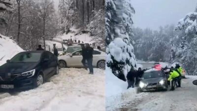 Bursa’nın İnegöl ilçesinde yüksek kesimlerdeki kar yağışı sebebiyle yokuşu çıkamayan