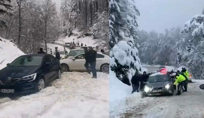 Bursa’da karlı yolda vatandaşlar mahsur kaldı Bursa’nın İnegöl ilçesinde yüksek kesimlerdeki kar yağışı sebebiyle yokuşu çıkamayan