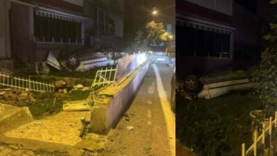 Bursa’da bir otomobil sitenin beton korkuluklarını aşıp takla attı. Yaralanan