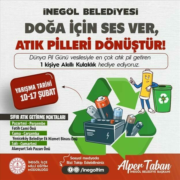 Atık pili getir, hediyeyi götür İnegöl Belediyesi, 18 Şubat Dünya Pil Günü sebebiyle atık pil