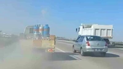 Bursa’da seyir halindeki tüp kamyonunun bir anda lastiği patladı. Yaşanan