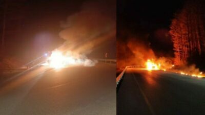 Bursa Uludağ yolu dün gece alevlerin ışığıyla aydınlandı. Gece yarısı