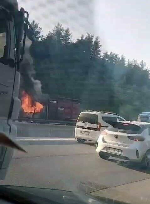 Hayvan yüklü kamyon alevlere teslim oldu Bursa’nın Gemlik ilçesinde seyir halindeki canlı hayvan yüklü kamyon alevlere