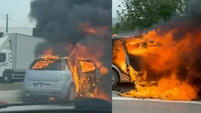Bursa’nın İnegöl ilçesinde seyir halindeki otomobil alev alev yandı. Yangın,