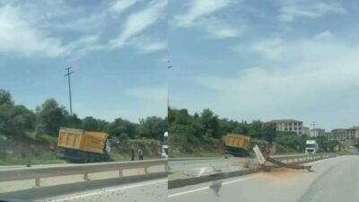 Bursa’nın Kestel ilçesinde kontrolden çıkan bir kamyon yol kenarındaki bariyerleri