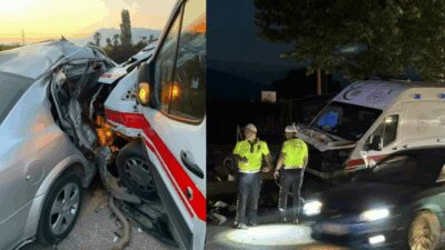 Bursa’nın Kestel ilçesinde ambulans ile çarpışan otomobil bariyerlere çarparak durabildi.