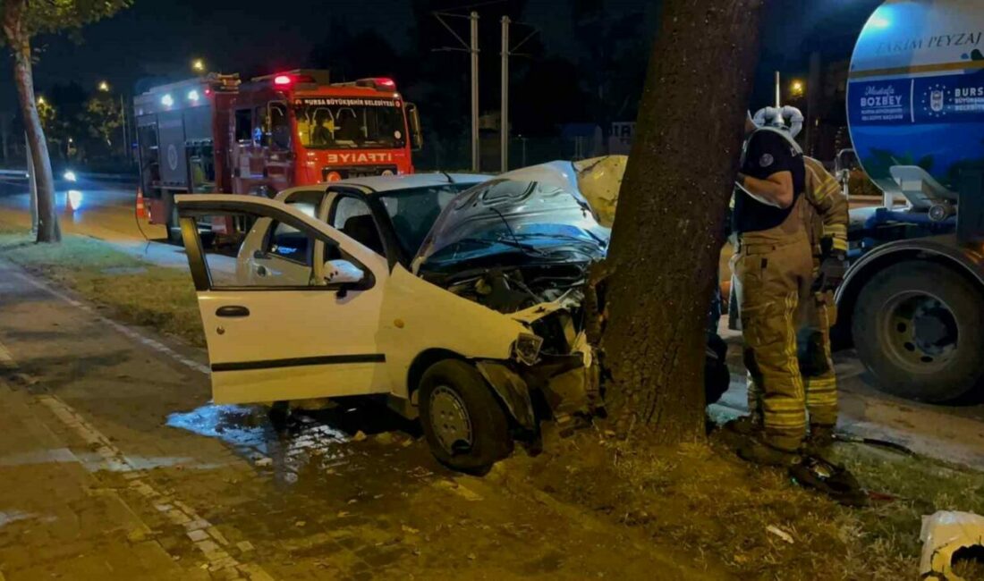 Bursa’da sürücüsünün kontrolünden çıkan otomobil yol kenarında bulunan ağaca çarparak