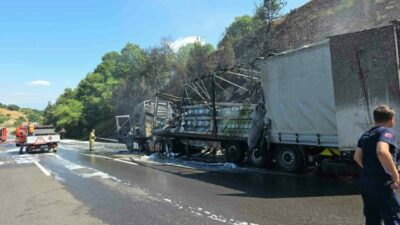Bursa’nın Kestel ilçesinde motor yağı yüklü tır seyir halindeyken alev