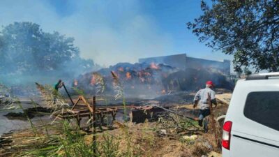 Bursa’nın Mustafakemalpaşa ilçesinde saman yüklü 2 kamyon ile 4 römork