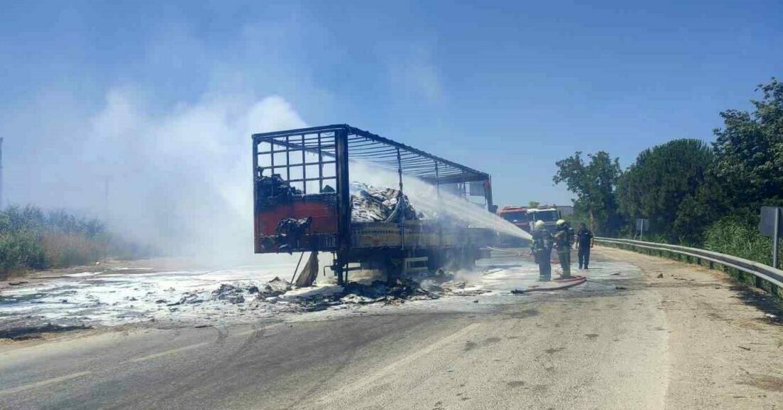 Bursa’nın Karacabey ilçesinde, Çatrak mevkiinde çekici ve dorsesi alevlere teslim