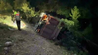 Bursa’nın İnegöl ilçesinde kontrolden çıkan dolma biber yüklü kamyonun şarampole