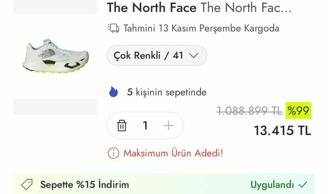 Ayakkabının fiyatını 1 milyon 88 bin lira gösterip 13 bin liraya düşürdüler Bir online alışveriş sitesinde ayakkabının fiyatı 1 milyon 88 bin lira