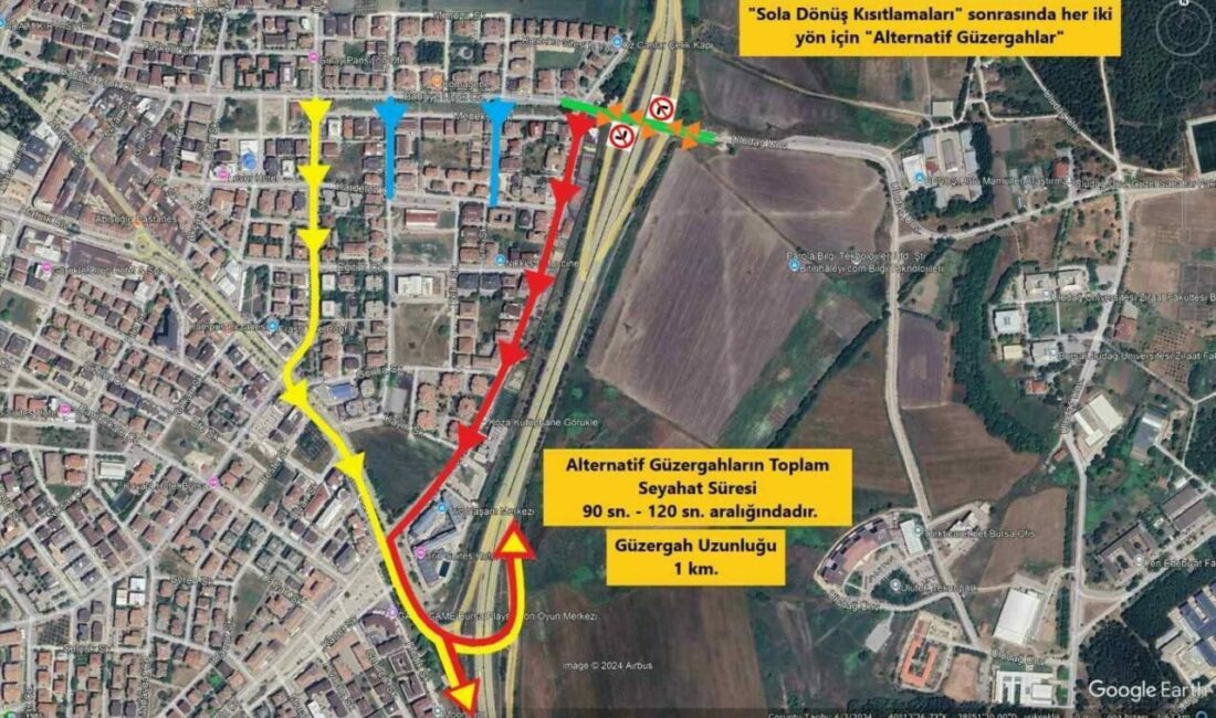 Bursa’da Görükle bağlantı kavşağında yoğunluğu azaltmak amacıyla Doğu-Batı yönünde sola