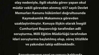 Bursa’nın İnegöl ilçesinde bayrak töreninde bir öğrenciyi itekleyerek darbeden okul