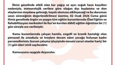 Bursa’da kar yağışı ve aşırı soğuk hava şartları sebebiyle okullarda