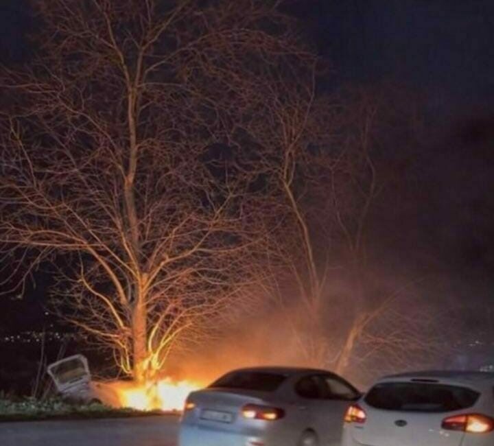 Bursa’da kontrolden çıkan otomobil ağaca çarptıktan sonra alev aldı, vatandaşlar