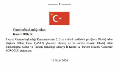 Resmi Gazete’de yayımlanan Cumhurbaşkanlığı Kararnamesi ile Uludağ Alan Başkanlığı’nda görev