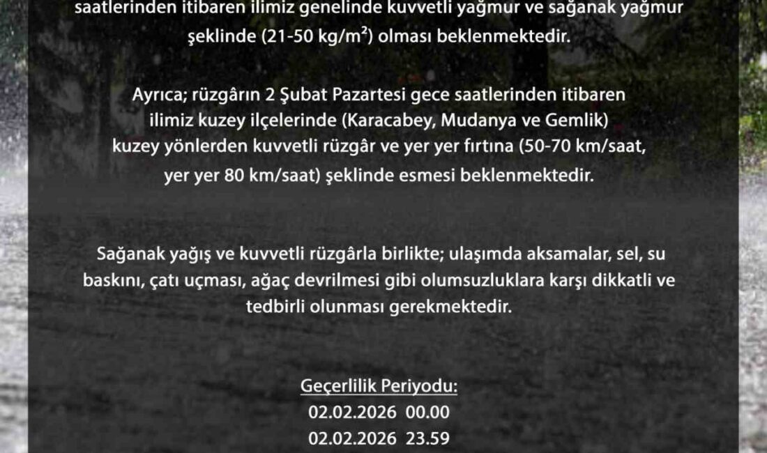 Bursa genelinde kuvvetli sağanak bekleniyor Bursa genelinde 2 Şubat Pazartesi günü öğle saatlerinden itibaren kuvvetli