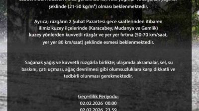Bursa genelinde 2 Şubat Pazartesi günü öğle saatlerinden itibaren kuvvetli