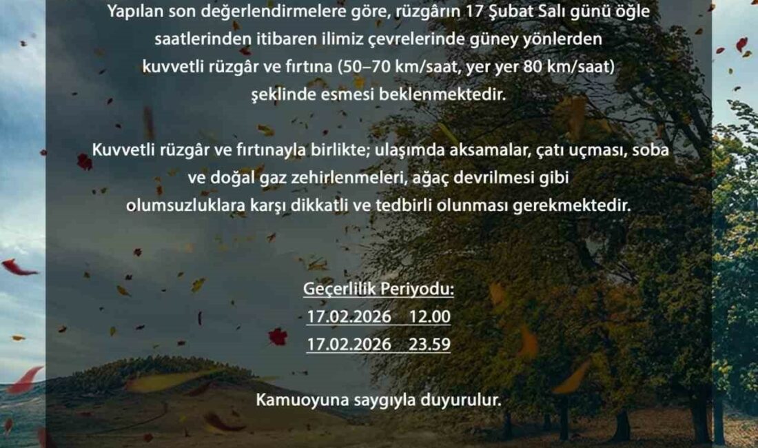 Bursa’da rüzgâr hızı 80 kilometreye çıkabilir Bursa Valiliği, il genelinde etkili olması beklenen kuvvetli rüzgâr ve