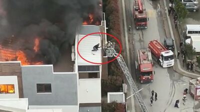 Bursa’da 6 katlı bir binanın çatı katında çıkan yangında, metrelerce