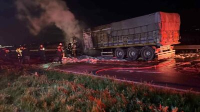 Bursa’nın Karacabey ilçesi Uluabat mevkiinde seyir halindeki bir tırda çıkan
