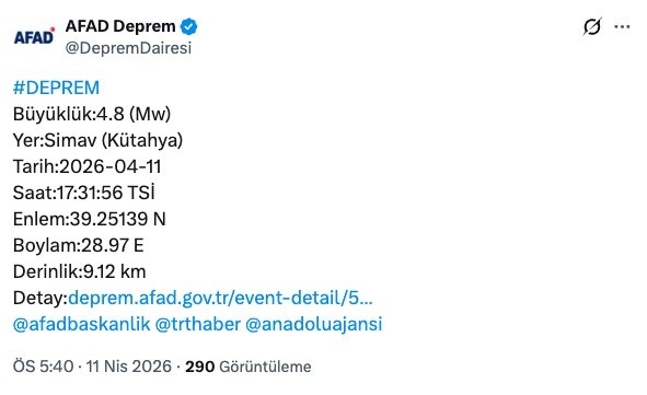 Kütahya merkezli deprem Bursa’da da hissedildi Kütahya’nın Simav ilçesi merkezli 4.8 büyüklüğündeki deprem Bursa ve ilçelerinden