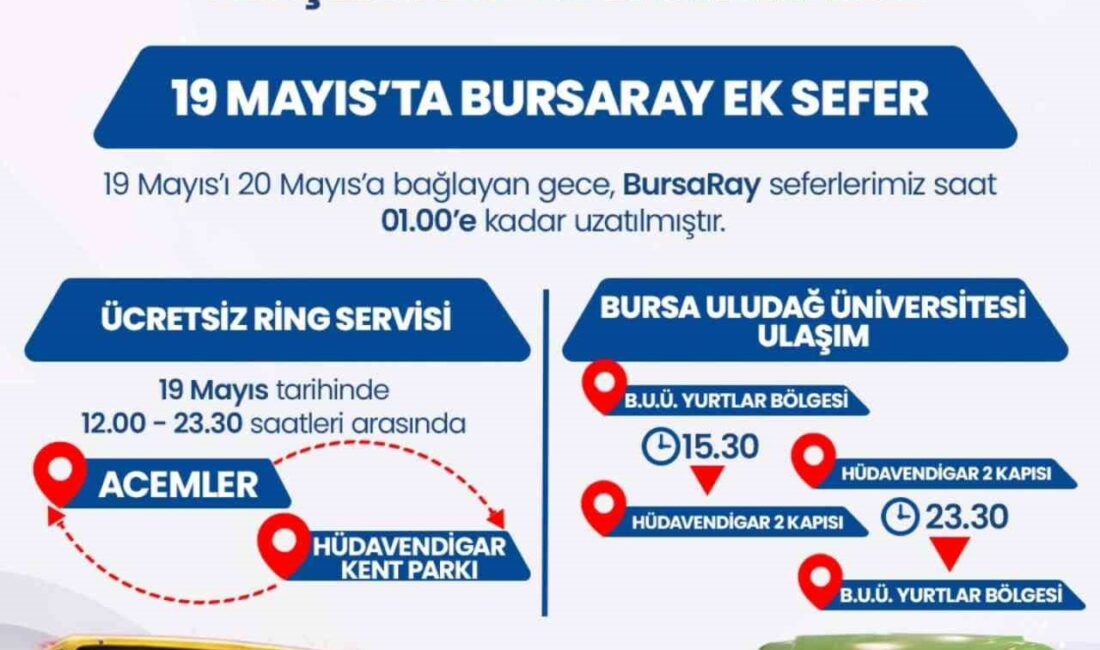 Bursa’da 19 Mayıs’ta ulaşım ücretsiz Bursa Büyükşehir Belediyesi, vatandaşların tören ve kutlamalara kolaylıkla ulaşabilmesi amacıyla