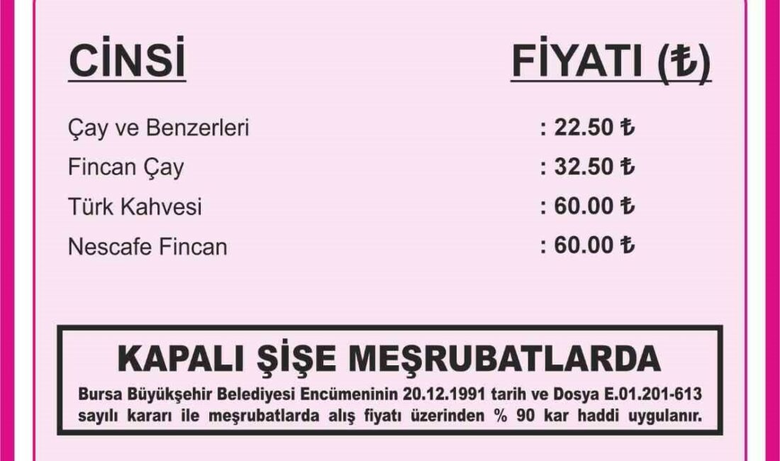 Bursa’da çay ve kahve fiyatlarına yüzde 30 zam Bursa Kahveciler ve Benzerleri Odası, 2026-2027 döneminde uygulanacak azami fiyat