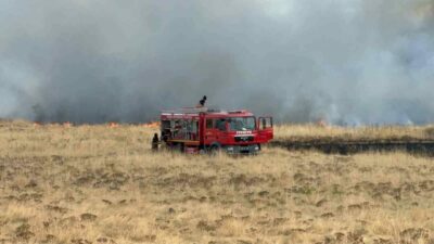 Bursa’da Yenişehir Havalimanı girişinde bulunan otluk alanda çıkan yangın, kısa