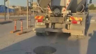 Bursa’da seyir halindeki beton mikserinden yola beton döküldüğü anlar cep