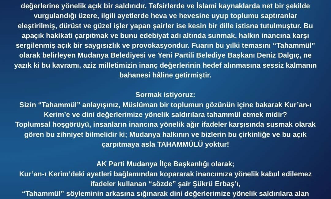 ’Şuara Suresi’yle ilgili açıklamaları nedeniyle Şükrü Erbaş ile Başkan Dalgıç’a büyük tepki Mudanya Belediyesince bu yıl 8.’si düzenlenen Kitap Fuarı kapsamında gerçekleştirilen